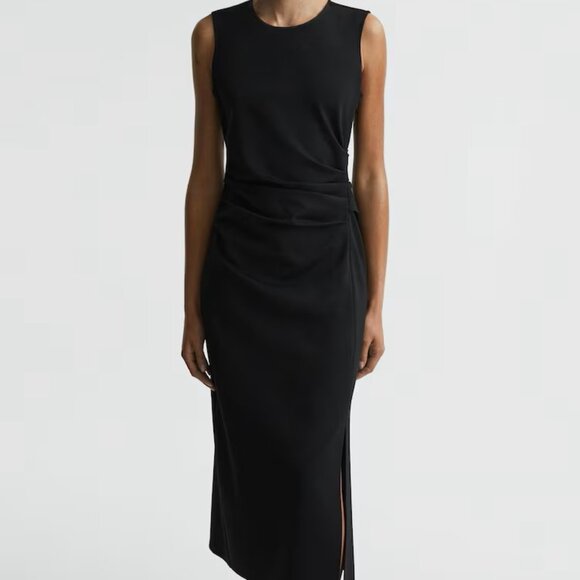 Reiss Women's SKYE RUCHED BODYCON MIDI DRESS BLACK Size 8 Cocktail Party - Picture 1 of 6